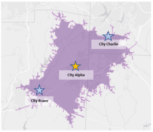 Map showing hypothetical cities to illustrate drive time