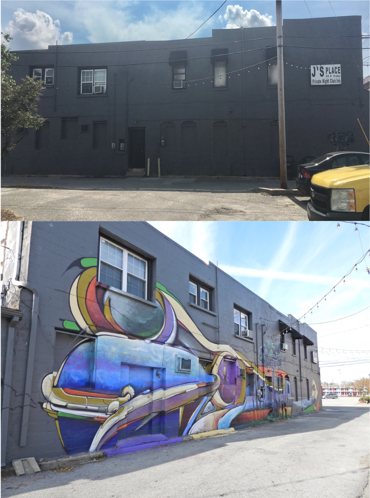"We live to create" mural by Maxx Moses, before and after. "We live to create" mural by Maxx Moses, before and after.