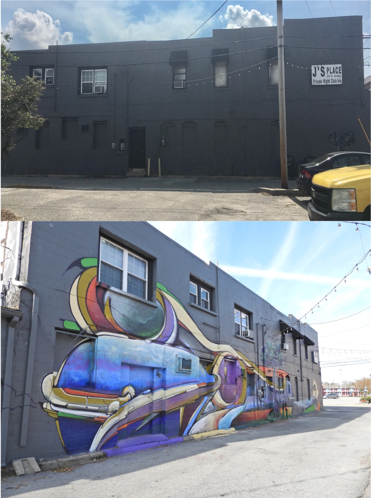 "We live to create" mural by Maxx Moses, before and after.